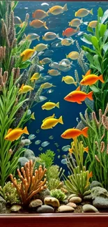 Colorful aquarium with fish and plants in a framed display.