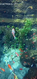Vibrant aquarium scene with colorful fish and greenery.