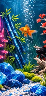Vibrant aquarium scene featuring colorful fish and aquatic plants.