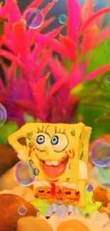 Sponge character in vibrant aquarium with colorful plants.