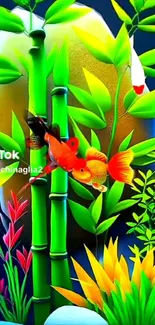 Vibrant aquatic scene with fish and bamboo art.