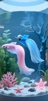 Two colorful betta fish swimming in a stylish aquarium.