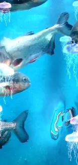 Vibrant underwater scene with fish and jellyfish on a turquoise background.