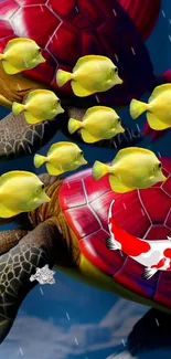 Colorful turtles and fish in vibrant aquatic wallpaper.