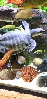 Colorful underwater scene with fish and turtle.