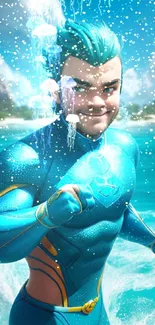 Animated blue-suited hero running in ocean with vibrant colors.