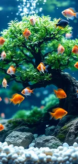 Mobile wallpaper of goldfish swimming around a lush green aquatic tree.