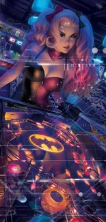 Vibrant arcade setting with pinball machine and colorful character.