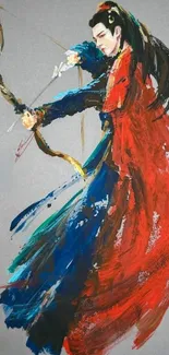 Archer in vibrant red and blue, painted with dynamic strokes on a grey background.