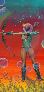 Fantasy archer amidst colorful bubbles and cosmic background.