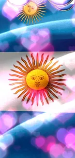 Argentinian flag with golden sun and colorful hearts on a blue background.