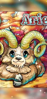 Cute Aries ram with vibrant colors in whimsical zodiac theme.