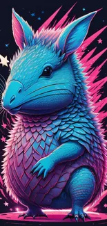 Vibrant blue armadillo with pink accents and starry background.