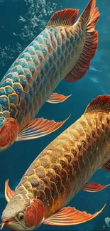 Two vibrant arowana fish swimming against a blue backdrop.
