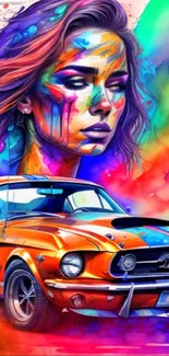 Vibrant art with colorful portrait and classic car wallpaper.