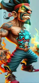 Vibrant cartoon character with tattoos and flames in dynamic artwork.