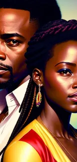 Vibrant digital art portrait of a stylish couple with a colorful background.