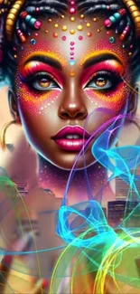 Vibrant art deco portrait with colorful abstract design on mobile wallpaper.