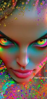 Vibrant artistic face with colorful splashes on mobile wallpaper.