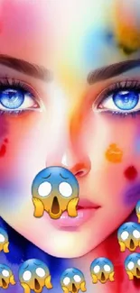 Vibrant art wallpaper featuring a colorful face with blue eyes.