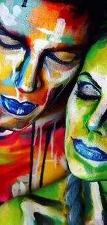 Abstract faces painted in vibrant colors.