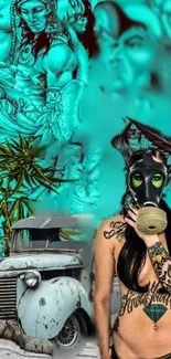 Dynamic turquoise street art wallpaper with a gas mask and classic car.