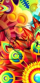 Vibrant abstract wallpaper with a horse illustration in bright colors.