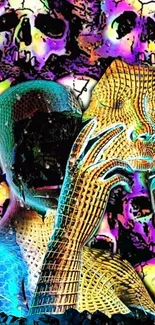 Surreal art wallpaper with colorful skulls and textured mask.