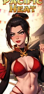 Comic-style art with a fierce character in red attire, vibrant colors.