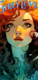 Illustration of a woman with red curls and expressive eyes.