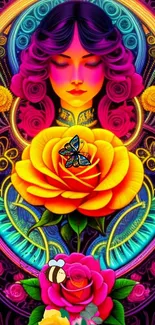 Vibrant Art Nouveau wallpaper with goddess and colorful flowers.