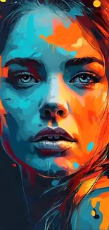 Vibrant abstract portrait with blue and orange hues on a phone wallpaper.