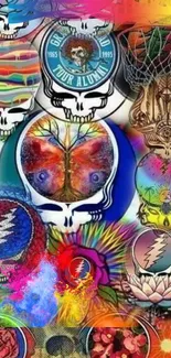 Vibrant skull collage with psychedelic art and colorful patterns.