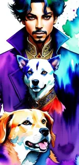 Artistic wallpaper of a man with two dogs in vibrant colors.