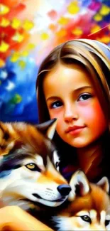 Colorful art of girl with wolves, vibrant design