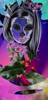 Artistic skull and floral mobile wallpaper with vivid colors.