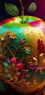 Vibrant artistic apple with floral details.