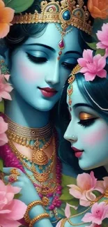 Artistic illustration of a blue-skinned couple with floral accents.