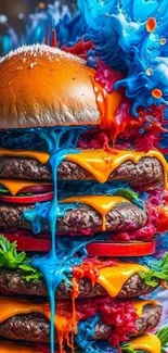 Exploding colorful burger art wallpaper with vibrant splashes.