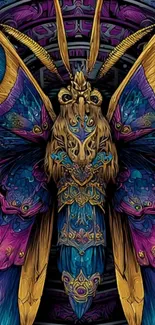 Artistic butterfly with vibrant colors and intricate patterns on a mobile wallpaper.