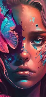 Vibrant portrait with butterfly and colorful design.