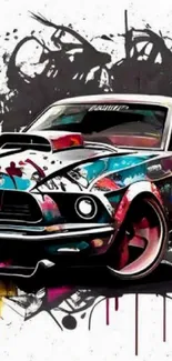 Colorful artistic car with paint splashes on sleek design, perfect for phone wallpaper.