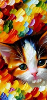 Vibrant painting of a cat with colorful brush stroke background.