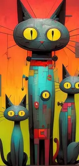 Artistic wallpaper featuring three colorful cats with vibrant yellow eyes.