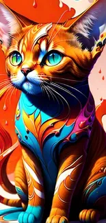 Vibrant orange cat with colorful artistic design.