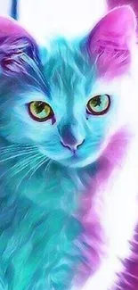 Vibrant teal and pink artistic cat wallpaper with neon accents.