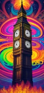 Vibrant clock tower with swirling colorful abstract design.