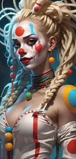 Artistic, vibrant clown with colorful designs in a dark-themed wallpaper.