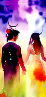 Artistic couple walking in vibrant purple abstract scenery.