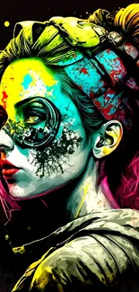 Colorful cyberpunk art of a woman with vibrant hues and abstract design.